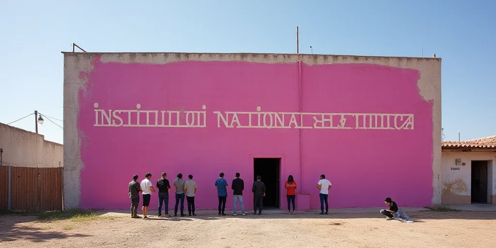 a group of people standing outside of a building with a pink sign on it's side that says, institutio