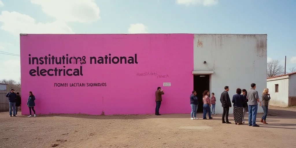 a group of people standing outside of a building with a pink sign on it's side that says, institutio