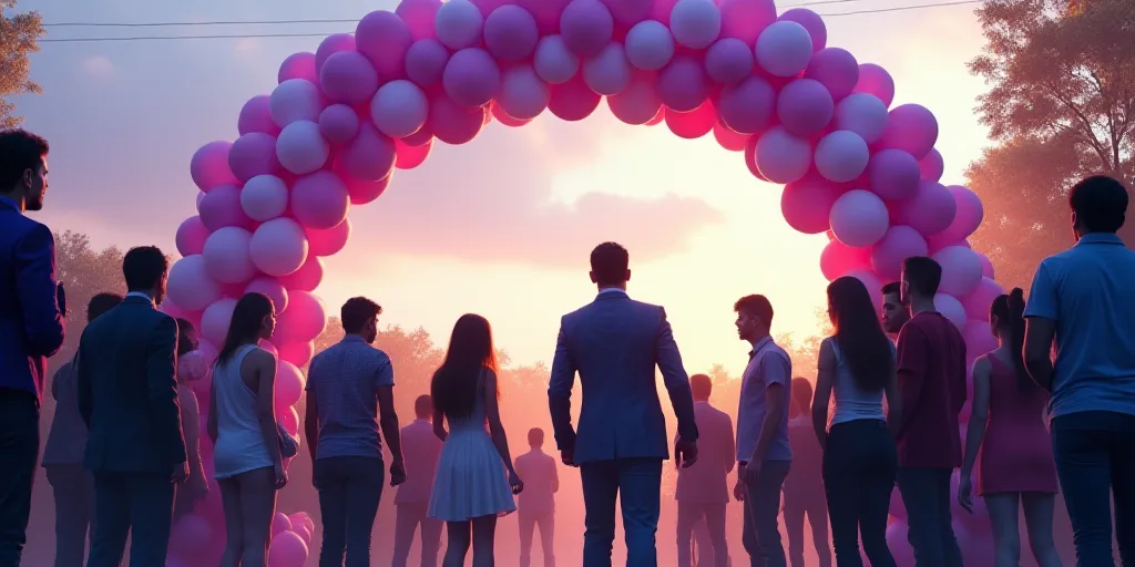 a group of people standing under a purple and white arch with balloons on it and a man in a suit and