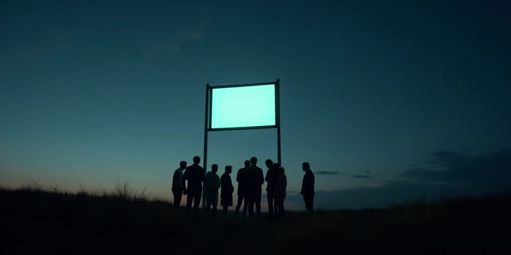 a group of people standing under a sign at night time with a sky background and a few clouds in the