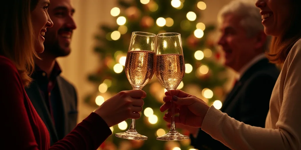 a group of people toasting with champagne glasses in front of a christmas tree and a christmas tree