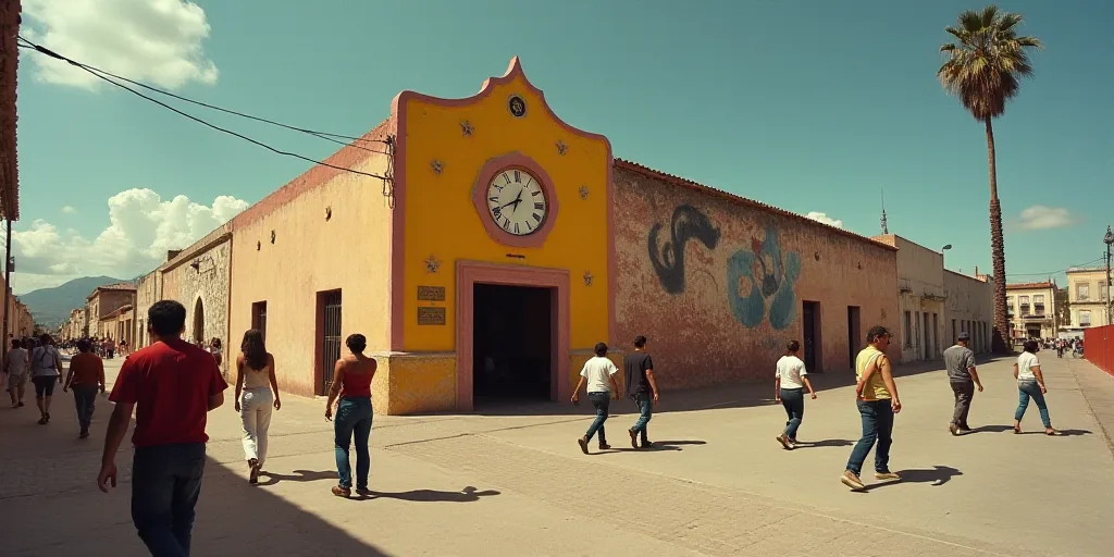 a group of people walking around a building with a clock on it's side walk and a street light, David