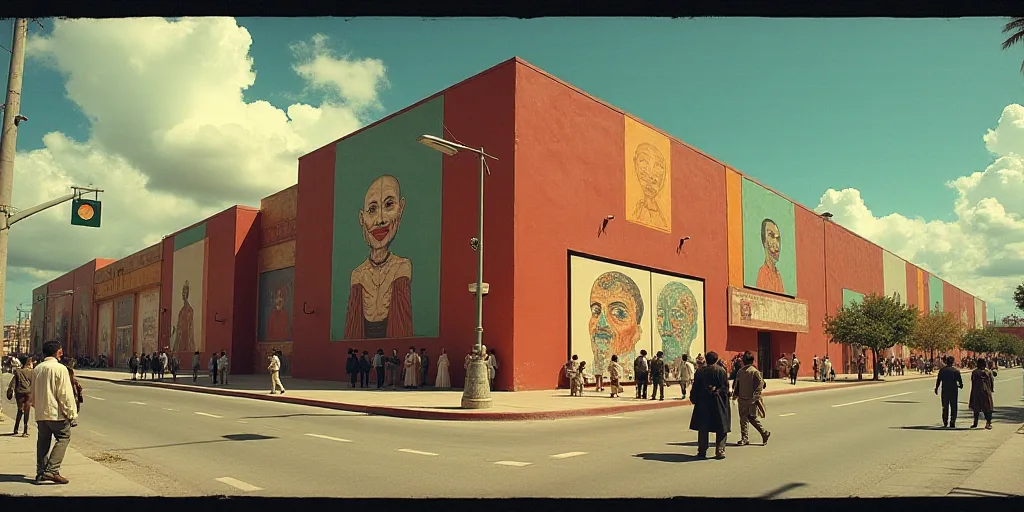 a group of people walking around a building with a clock on it's side walk and a street light, David
