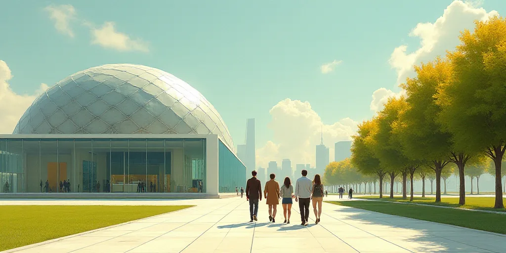 a group of people walking down a sidewalk next to a building with a glass dome on top of it, Eduardo