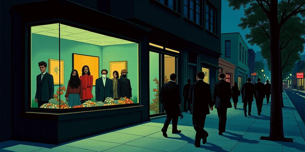 a group of people walking down a street next to a store front window at night time with people walki