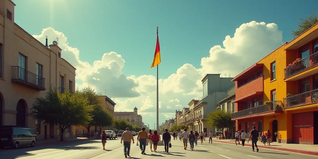 a group of people walking down a street next to tall buildings and a flag pole in the background wit