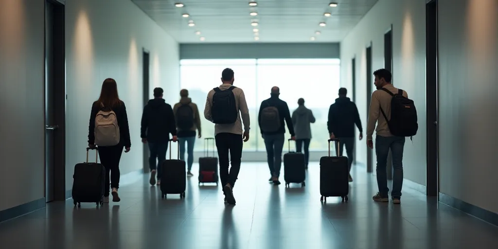 a group of people walking down a hallway with luggage bags on wheels and a man with a backpack on hi