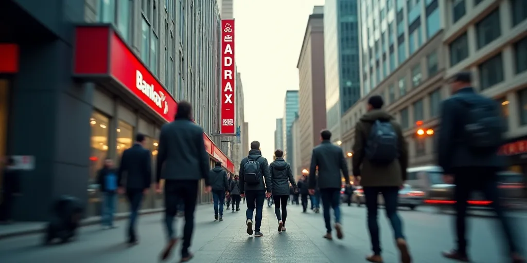 a group of people walking down a street next to a tall building with a sign on it that says bankex,