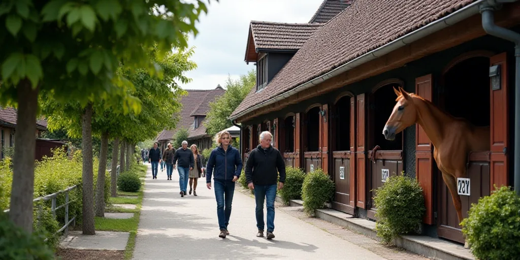 a group of people walking down a sidewalk next to a horse stable with a horse hanging from the roof,