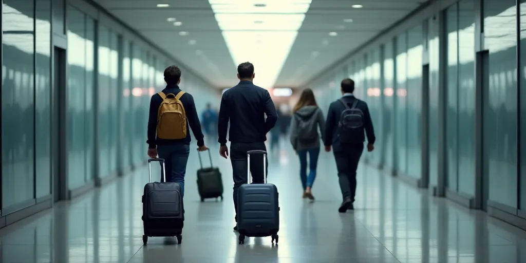 a group of people walking down a hallway with luggage bags on wheels and a man with a backpack on hi