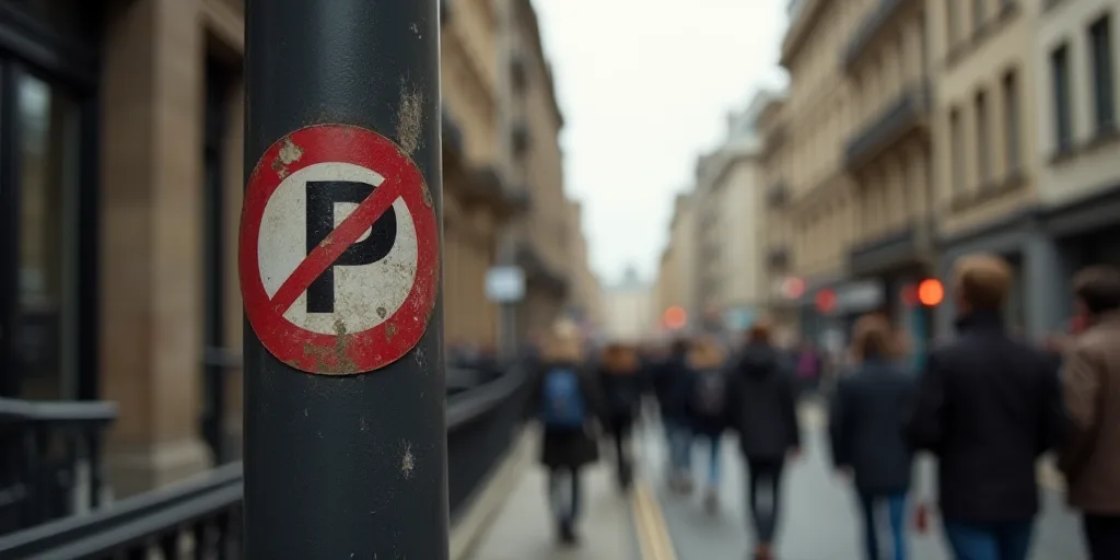 a group of people walking down a street next to tall buildings with a sign on it that says no parkin