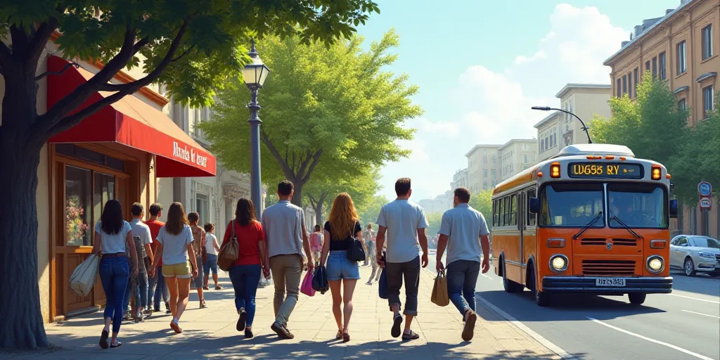 a group of people walking down a street next to a sign that says shop on it and a bus in the backgro