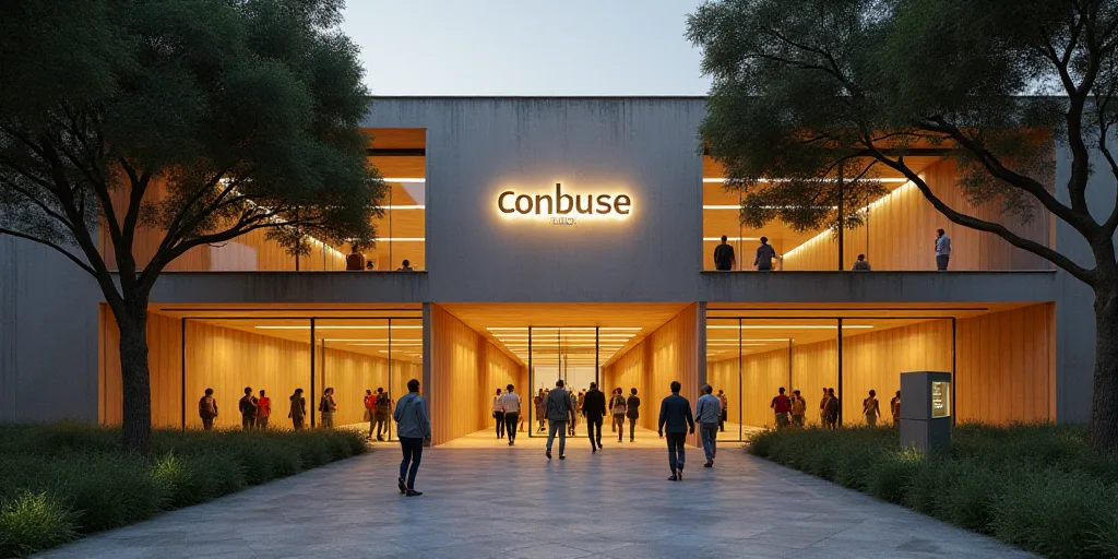 a group of people walking into a building with a sign on it that says conbuse, a national library of