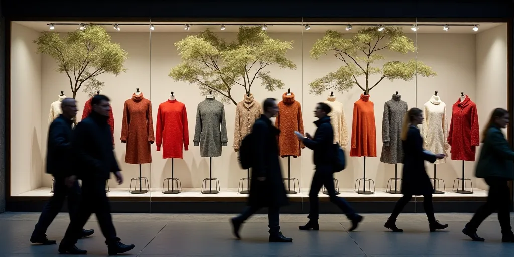 a group of people walking past a display of knitted clothing and trees in a store window display cas