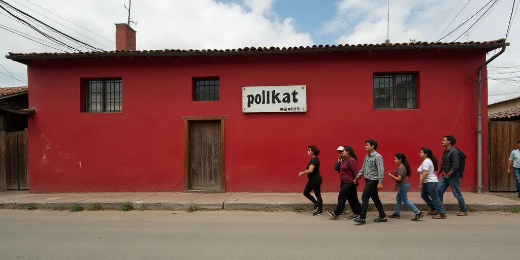 a group of people walking past a red building with a sign that says polkat on it and a few people wa