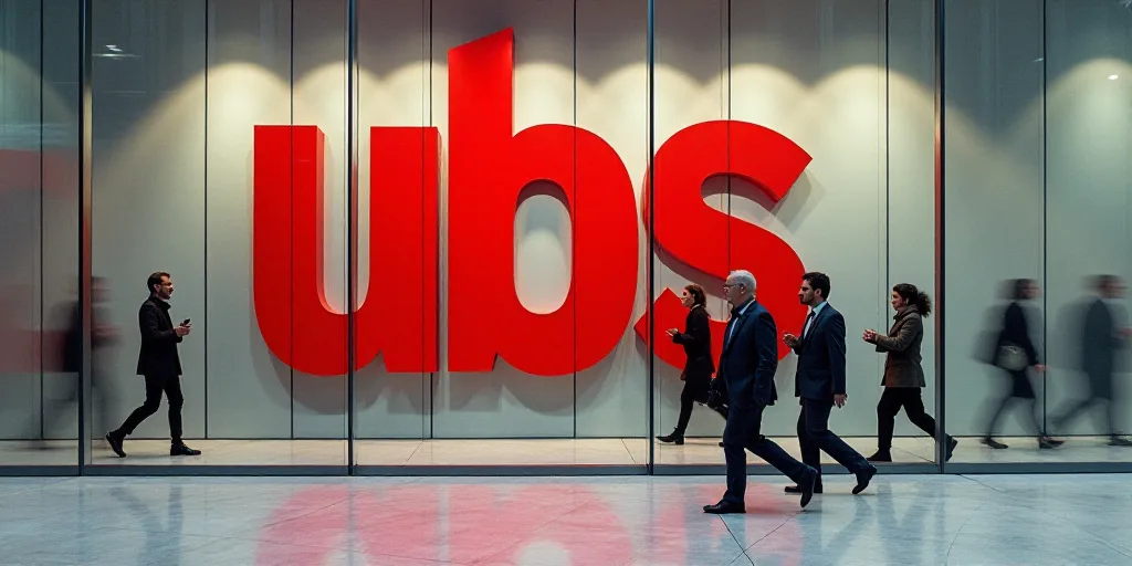a group of people walking past a ubs sign on a building's glass wall with a red ubs logo, Alberto Su