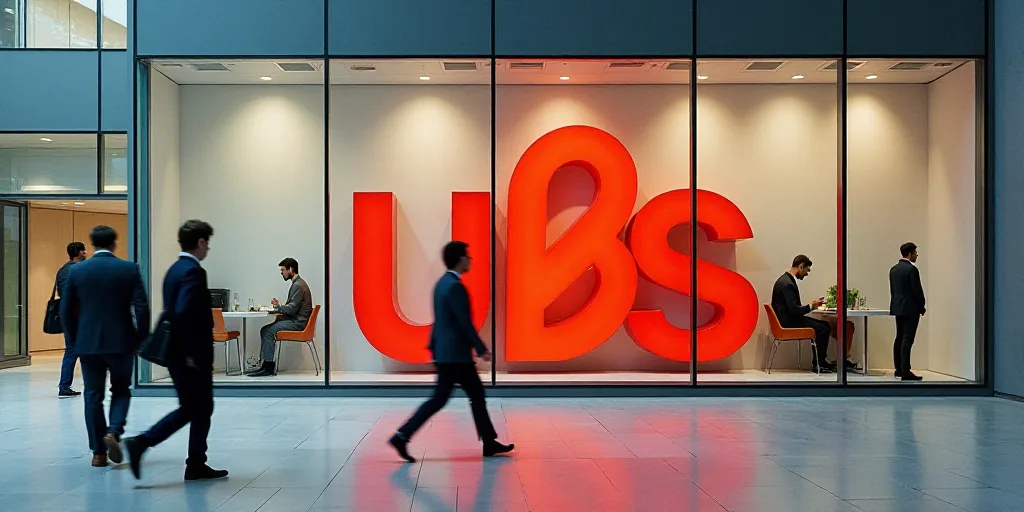a group of people walking past a ubs sign on a building's glass wall with a red ubs logo, Alberto Su