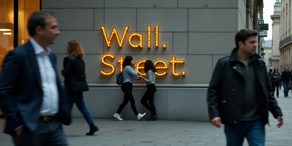 a group of people walking past a wall street sign on a building with a gold lettering on it's side,
