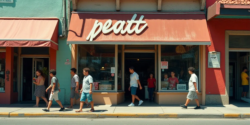 a group of people walking past a store front with a sign that says perot on it and a few people walk