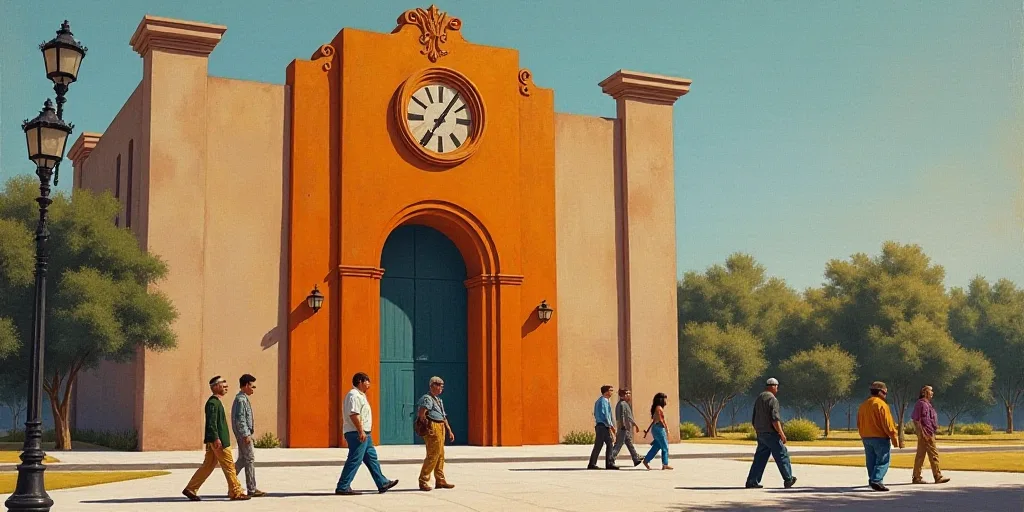 a group of people walking past a tall building with a clock on it's side walk near a street light, D