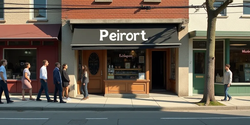 a group of people walking past a store front with a sign that says perot on it and a few people walk