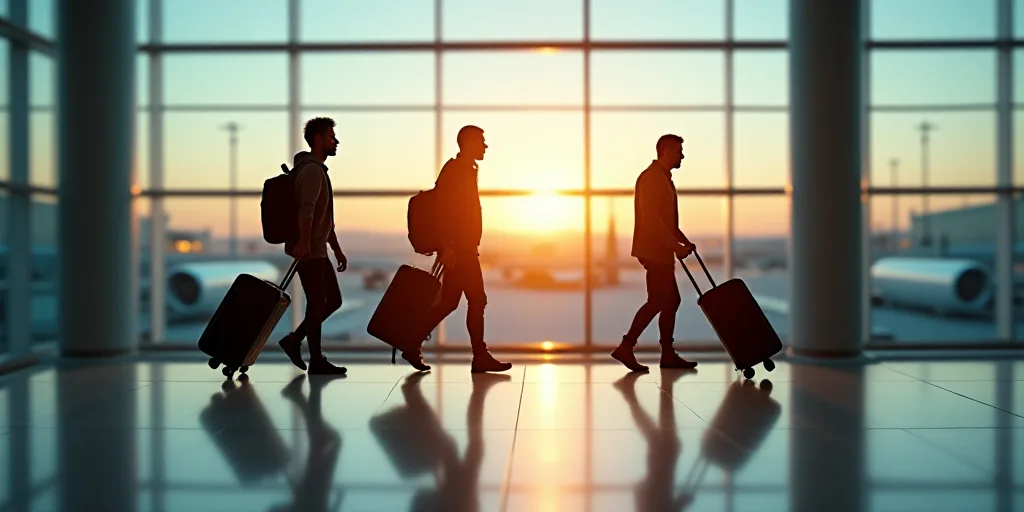 a group of people walking through a terminal with luggage bags on wheels and a man pushing a cart be