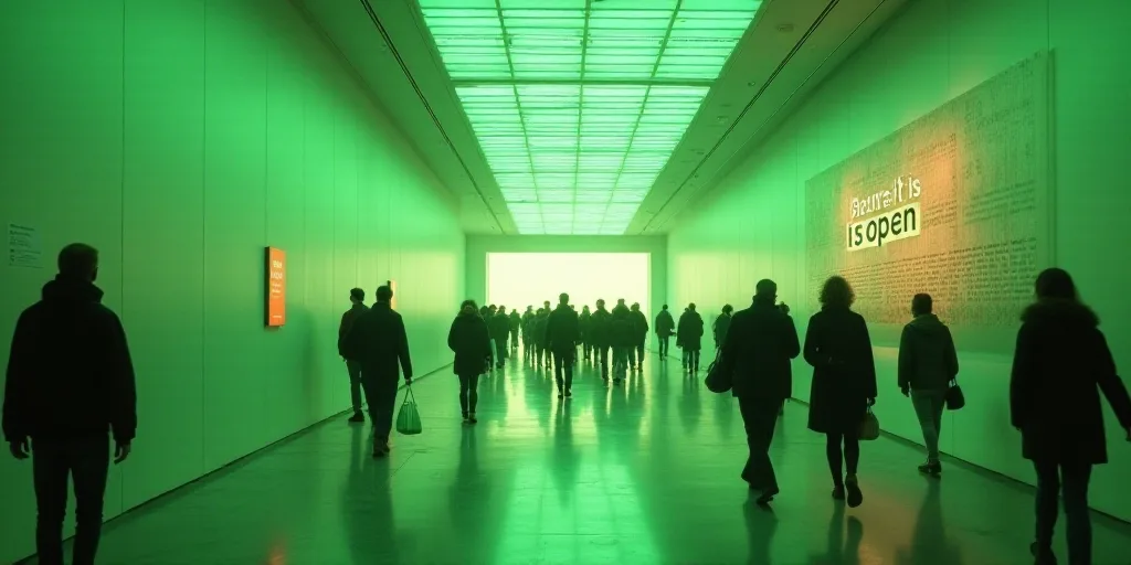 a group of people walking through a building with a sign that says before it is open on the wall, Ar