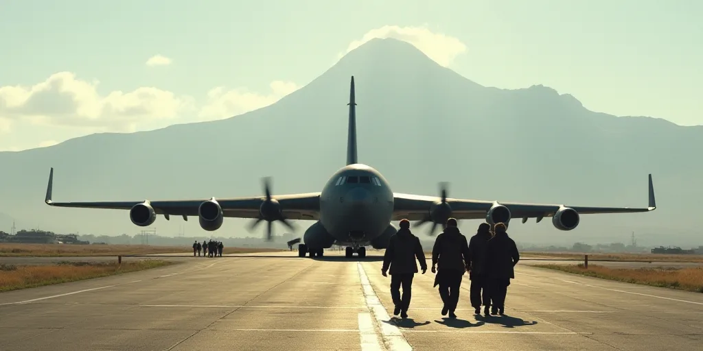a group of people walking towards a large air force plane on a runway with a mountain in the backgro