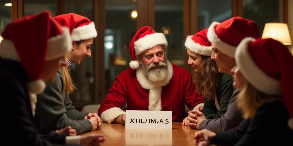 a group of people wearing santa hats around a table with a sign that says xmas on it and a man in a