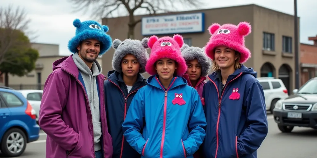 a group of people wearing ugly hats and jackets on a street corner with cars parked in the backgroun