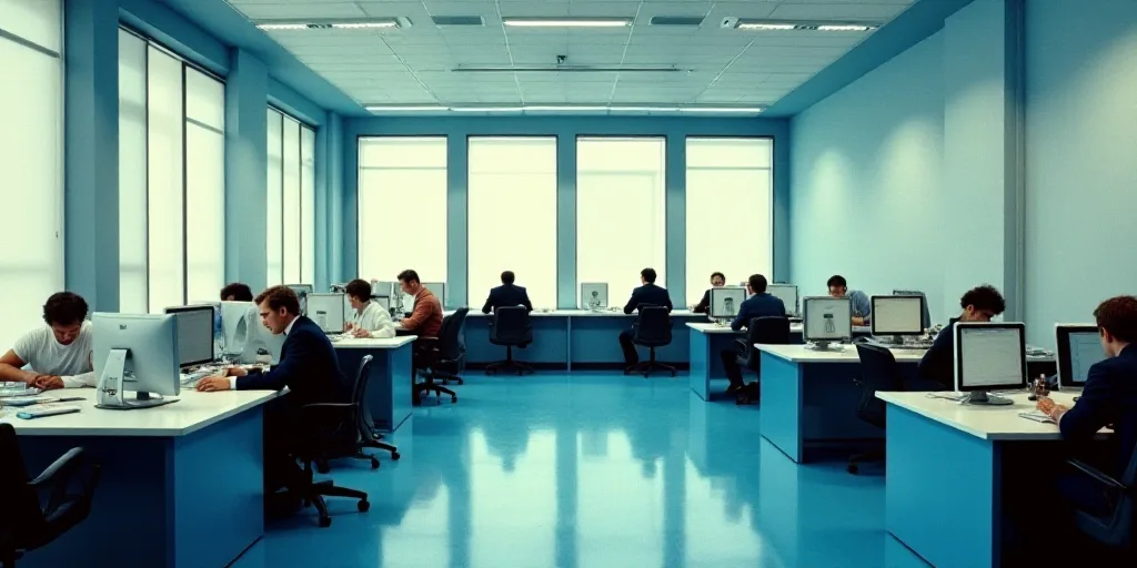 a group of people working at desks in an office building with blue and white walls and flooring, Eng