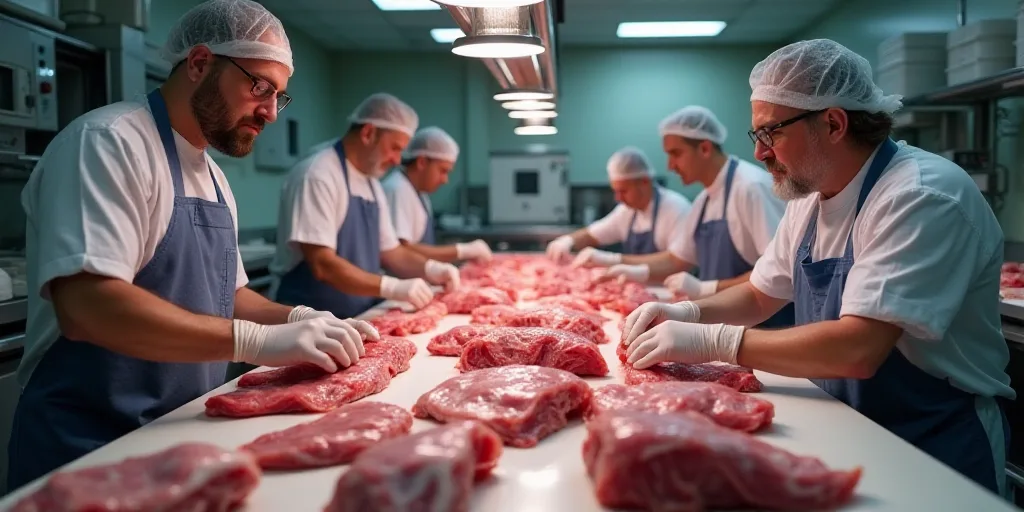 a group of people working in a meat processing facility with meat on the counter and on the floor wi