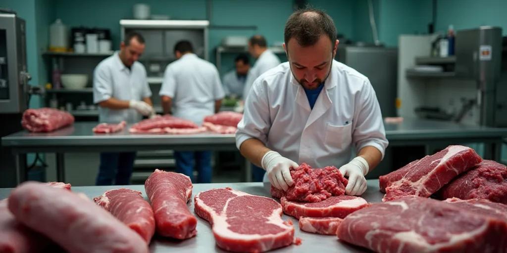 a group of people working in a meat processing facility with meat on the counter and on the floor wi