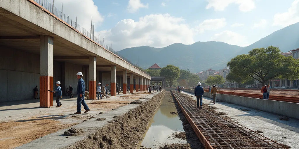 a group of people working on a construction site with concrete pourings and steel bars in the foregr