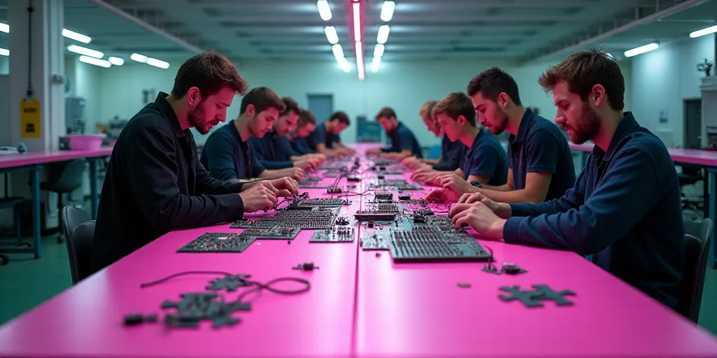 a group of people working on electronics in a factory or factory room with a pink table and a pink t