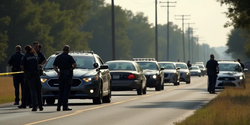 a group of police officers standing next to a line of cars on a road with police tape on the side of