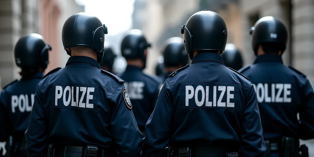a group of police officers standing next to each other in uniform and helmets on their backs, with t