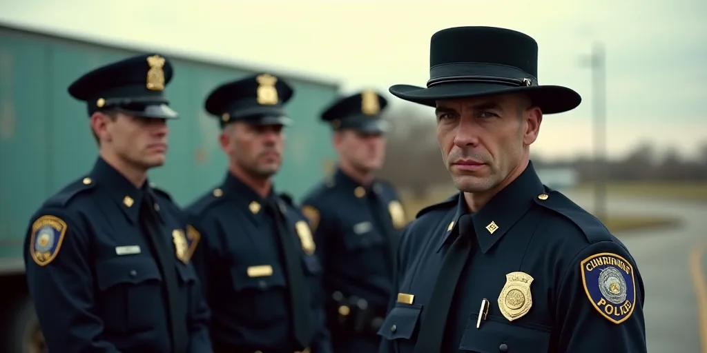 a group of police officers standing next to each other in front of a truck and a man in a hat, Brend
