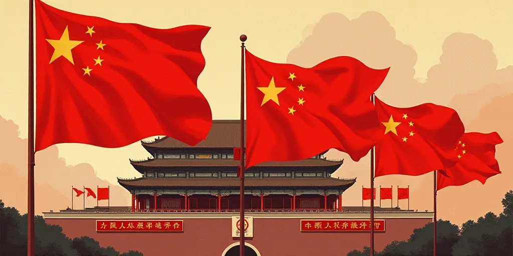 a group of red flags flying in the wind in front of a building with a clock on it's side, Cao Zhibai