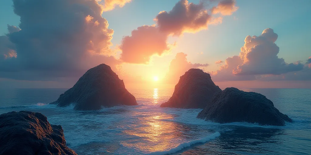 a group of rocks in the ocean with a sunset in the background and a blue sky with clouds above, Carl