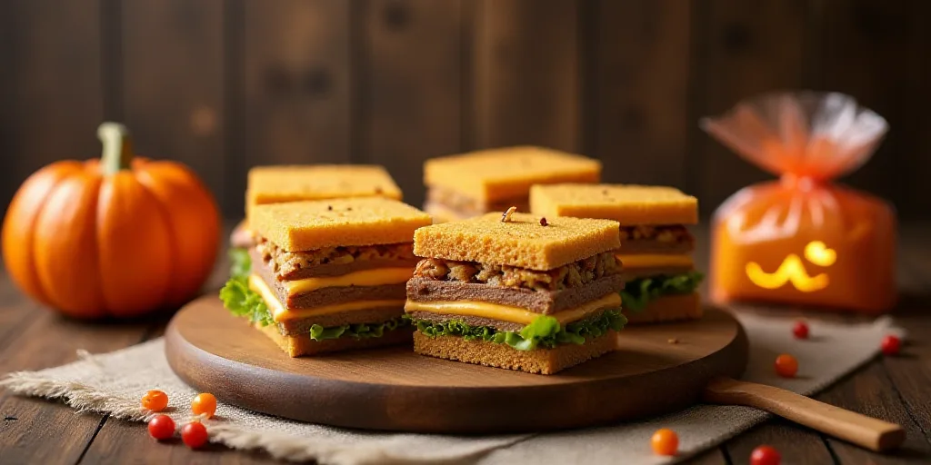 a group of sandwiches sitting on top of a wooden table next to a pumpkin and a bag of candy, Ceferí