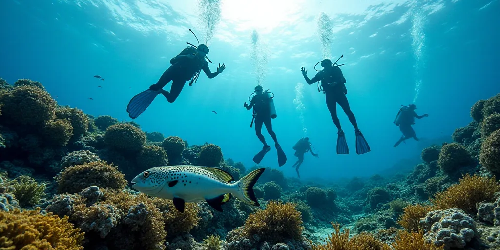 a group of scuba divers swimming over a coral reef with a spotted fish in the foreground and a sea w