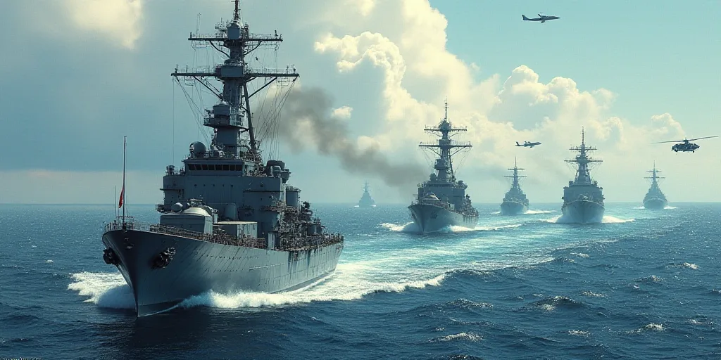 a group of ships in the ocean with fighter jets flying overhead in the background and a helicopter f