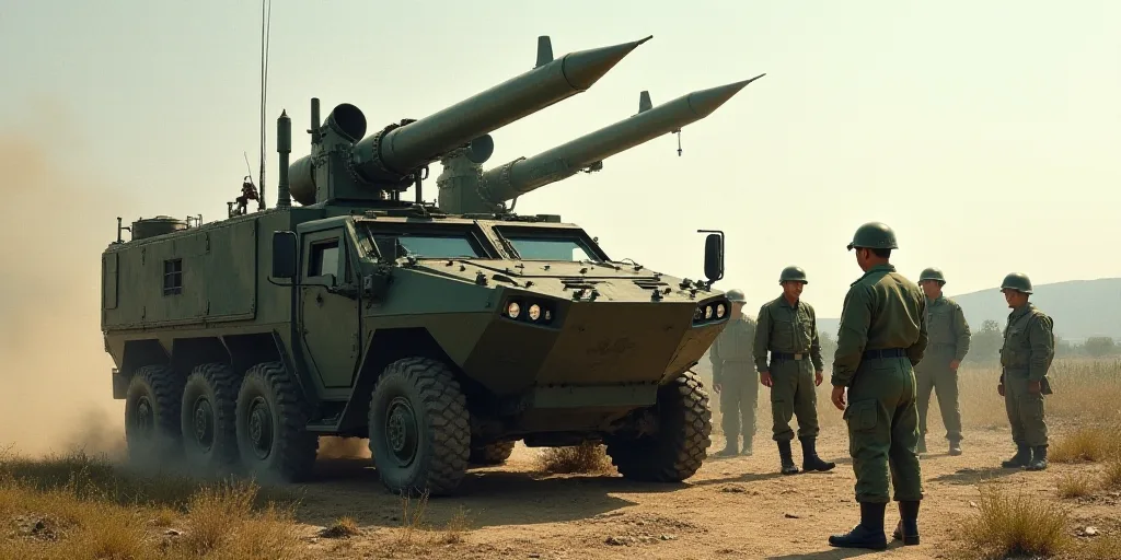 a group of soldiers standing around a military vehicle with a rocket on top of it and a man standing