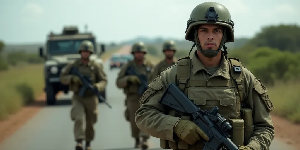 a group of soldiers standing in front of a vehicle on a road with other vehicles behind them and a m