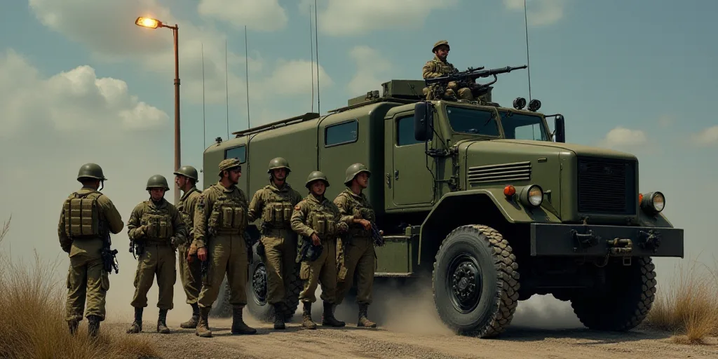a group of soldiers standing in front of a military vehicle and a light pole with a light on it, Esa