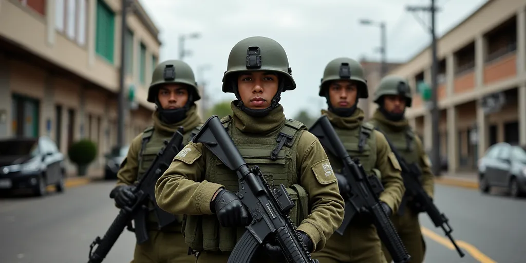 a group of soldiers standing next to each other on a street corner with a gun in hand and a gun in t
