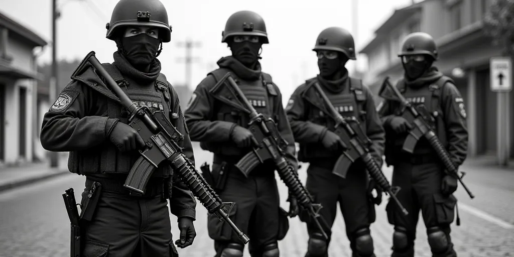 a group of soldiers standing next to each other on a street corner with a gun in hand and a gun in t