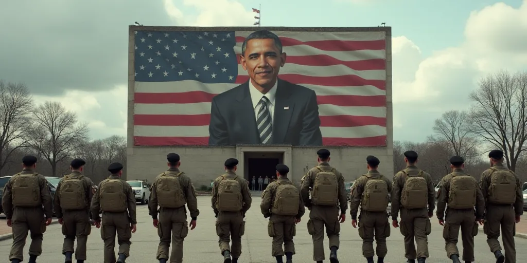 a group of soldiers walking in front of a building with a flag on it and a large poster of president