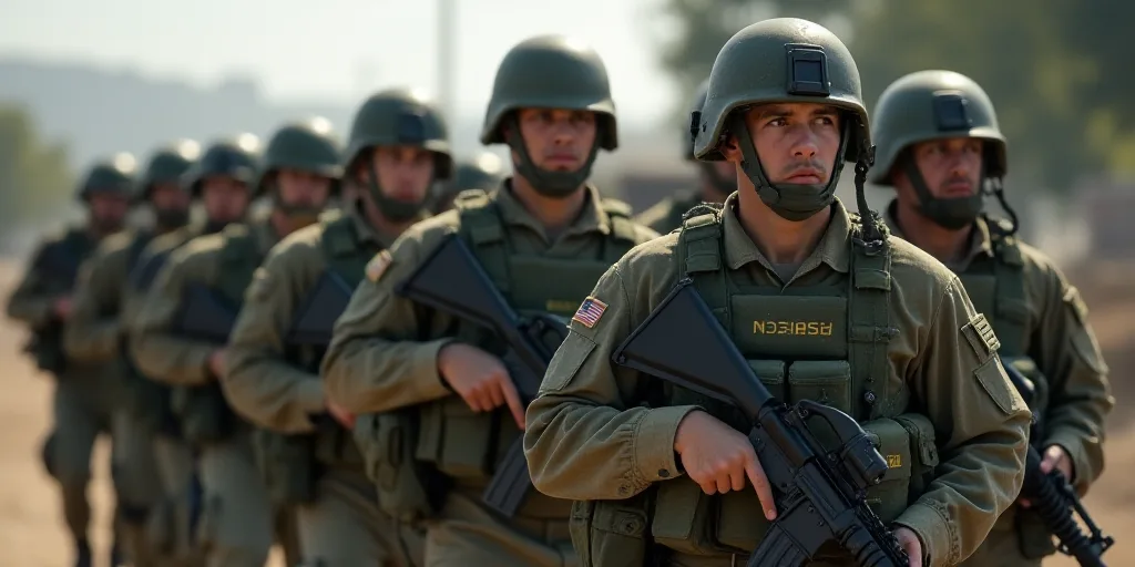 a group of soldiers with guns and helmets on walking together in a line with other soldiers in the b
